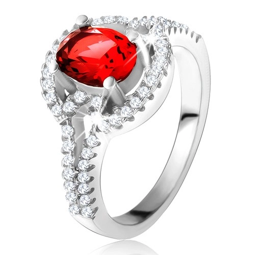 Prsten s červeným oválným zirkonem, rozdvojená zaoblená ramena, stříbro 925 - Velikost: 60