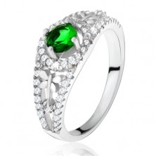 Čirý zirkonový prsten se zeleným kamínkem, vážky, stříbro 925