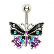 Ocelový piercing do pupíku, trojbarevný glazovaný motýl
