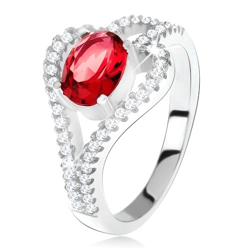 Prsten ze stříbra 925, oválný červený kámen, čirá kontura listu - Velikost: 50