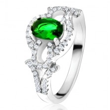 Prsten s oválným zeleným kamenem, čirý kruh, kapky, ze stříbra 925