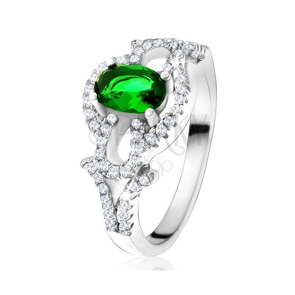 Prsten s oválným zeleným kamenem, čirý kruh, kapky, ze stříbra 925