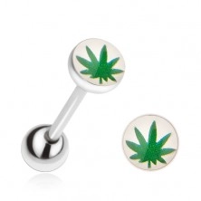Ocelový piercing do jazyka, zelený list marihuany