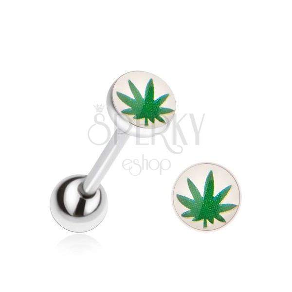 Ocelový piercing do jazyka, zelený list marihuany