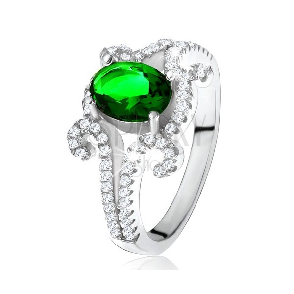 Prsten ze stříbra 925, oválný zelený kámen, zatočená zirkonová ramena