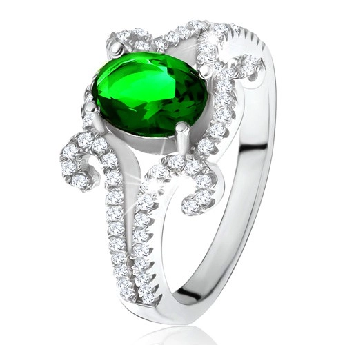 Prsten ze stříbra 925, oválný zelený kámen, zatočená zirkonová ramena - Velikost: 60