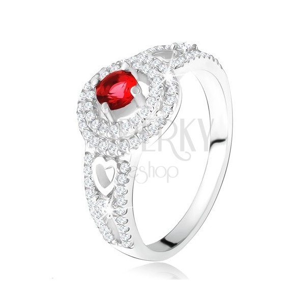 Prsten - červený kamínek s dvojitým zirkonovým lemem, srdce, ze stříbra 925
