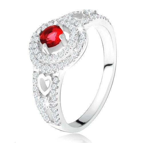 Prsten - červený kamínek s dvojitým zirkonovým lemem, srdce, ze stříbra 925 - Velikost: 54