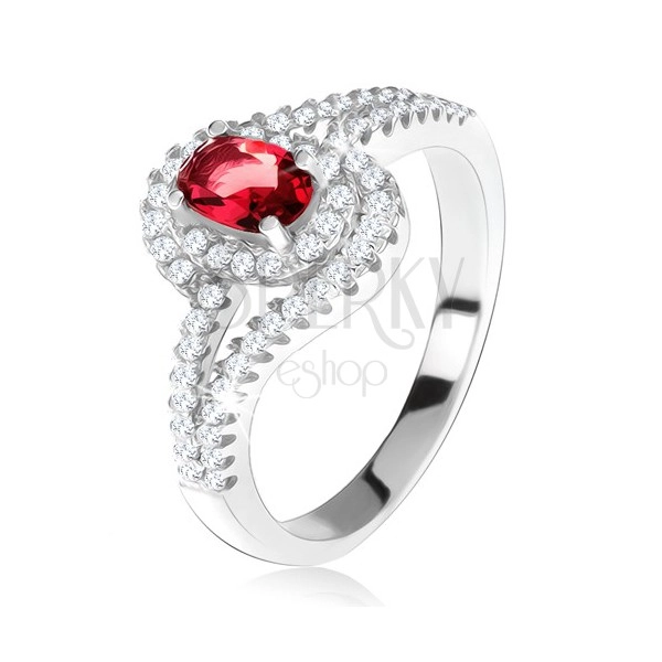 Stříbrný 925 prsten, červený kámen s lemem, zvlněná zirkonová ramena