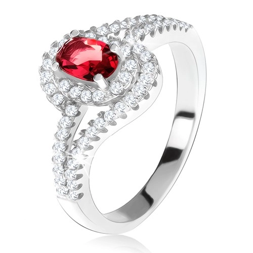 Stříbrný 925 prsten, červený kámen s lemem, zvlněná zirkonová ramena - Velikost: 50