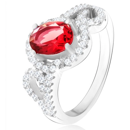 Prsten s oválným červeným zirkonem, poloviny obrysů srdcí, stříbro 925 - Velikost: 53