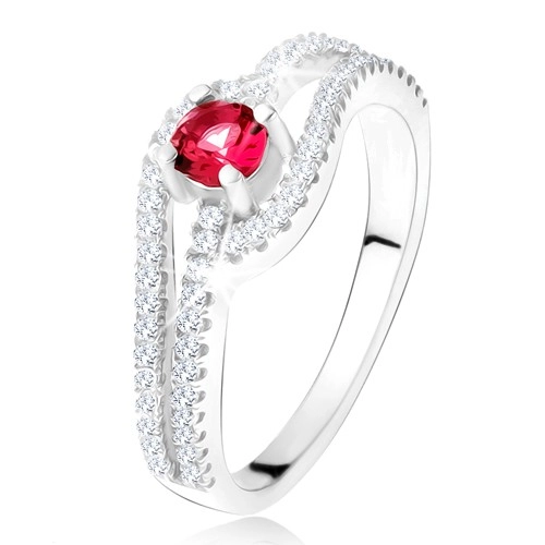 Prsten se zvlněnými zirkonovými rameny, červený kámen, stříbro 925 - Velikost: 52