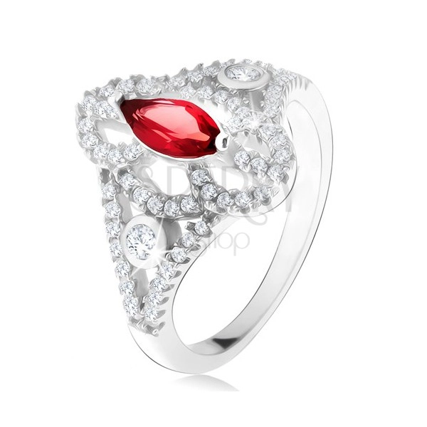 Stříbrný 925 prsten, zrníčkovitý červený kámen, vyřezávaná zirkonová ramena