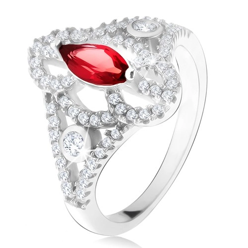 Stříbrný 925 prsten, zrníčkovitý červený kámen, vyřezávaná zirkonová ramena - Velikost: 59