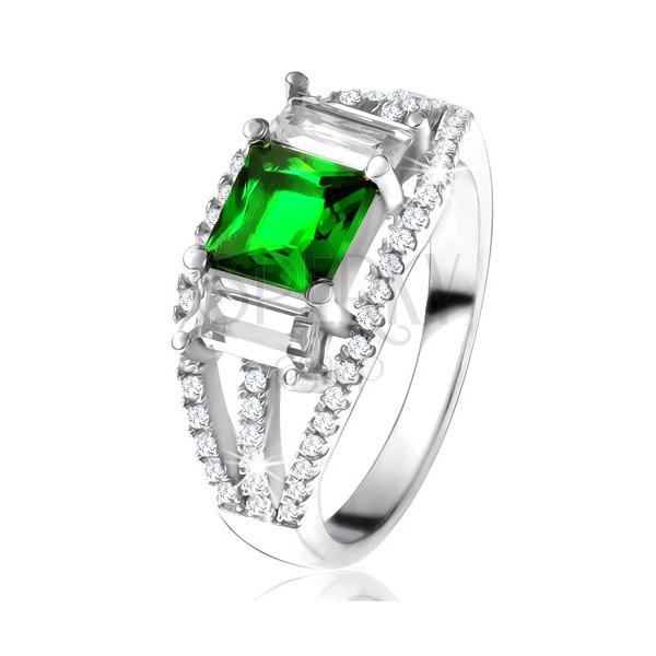 Prsten ze stříbra 925, čtvercový zelený zirkon, čiré obdélníkové kamínky