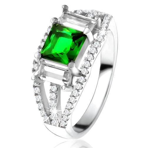 Prsten ze stříbra 925, čtvercový zelený zirkon, čiré obdélníkové kamínky - Velikost: 58