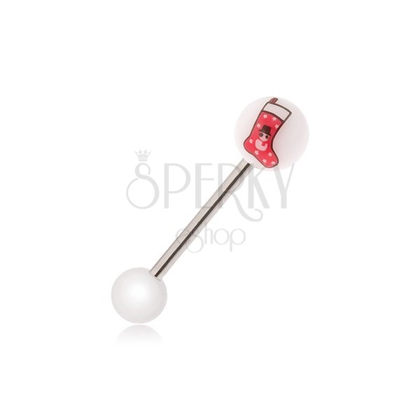 Ocelový piercing do jazyka - bílá kulička s vánoční botičkou