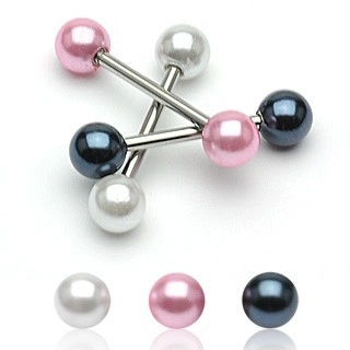 Ocelový piercing do jazyka s barevnými perleťovými kuličkami - Barva piercing: Růžová