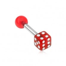Ocelový piercing do tragu - akrylová hrací kostka, červená, průhledná