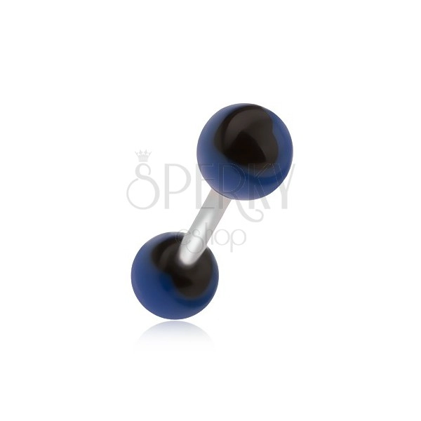 Ocelový piercing do jazyka, modrá kulička s černým srdíčkem