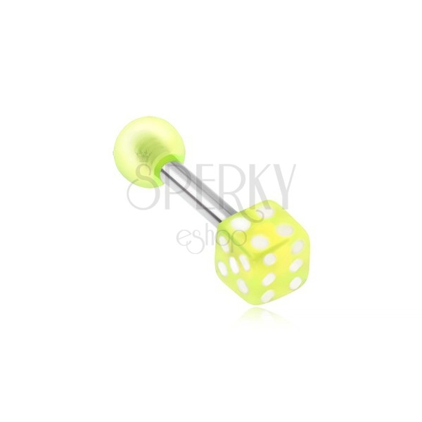 Ocelový piercing do tragu - akrylová neonově zelená hrací kostka