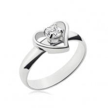 Ocelový prsten stříbrné barvy - asymetrický obraz srdce, čirý zirkon