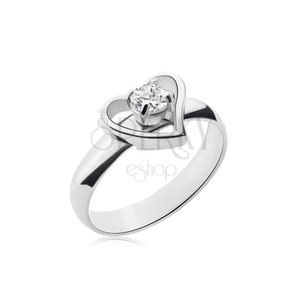 Ocelový prsten stříbrné barvy - asymetrický obraz srdce, čirý zirkon