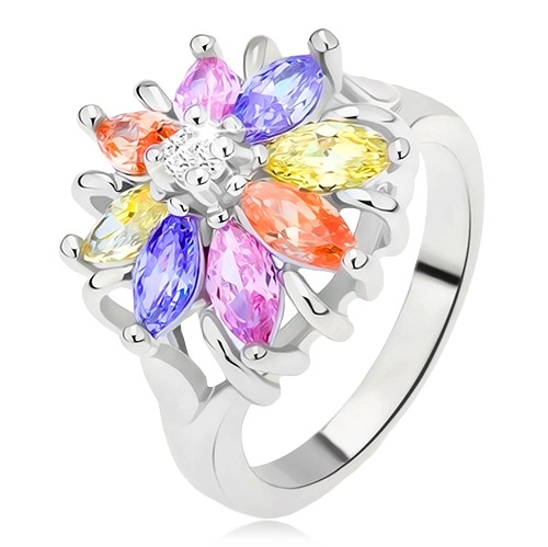 Lesklý prsten stříbrné barvy, barevný květ z broušených kamínků - Velikost: 52