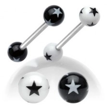 Ocelový piercing do jazyka, černobílé akrylové kuličky s hvězdičkami