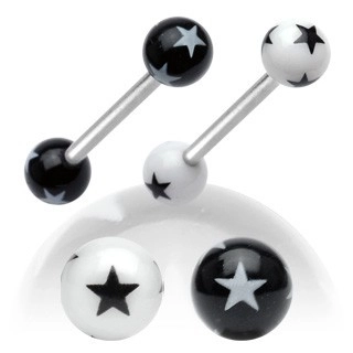 Ocelový piercing do jazyka, černobílé akrylové kuličky s hvězdičkami - Barva piercing: Černá - Bílá