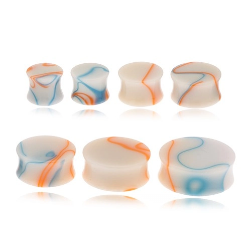 Akrylový plug do ucha, béžová farba, modro-oranžové línie - Tloušťka : 14 mm, Barva: Modro-oražová