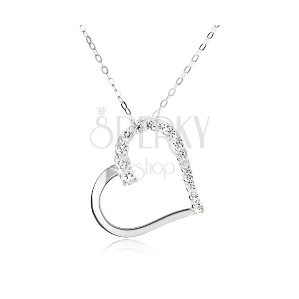 Stříbrný 925 náhrdelník, řetízek a obrys souměrného srdce, čiré kamínky