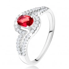 Prsten s oválným červeným kamenem, zvlněná zirkonová ramena, stříbro 925