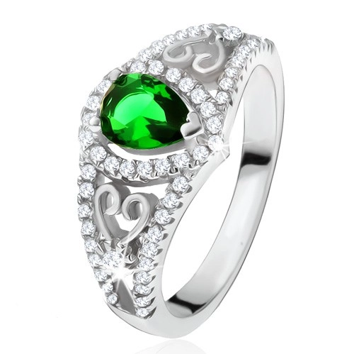Prsten ze stříbra 925, zelený slzičkovitý kámen, čiré zirkony, obrysy srdcí - Velikost: 50