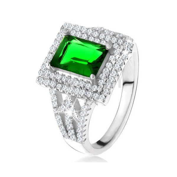 Prsten s obdélníkovým zeleným zirkonem, dvojitý čirý lem, šipky, stříbro 925