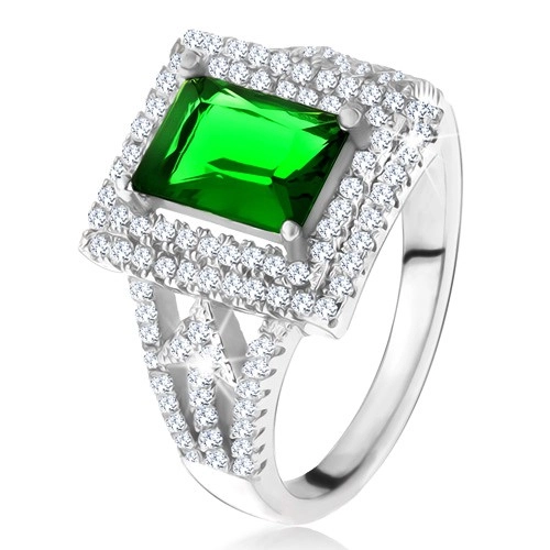 Prsten s obdélníkovým zeleným zirkonem, dvojitý čirý lem, šipky, stříbro 925 - Velikost: 54