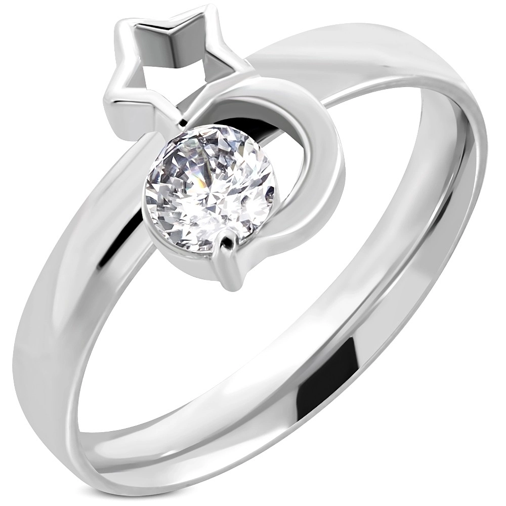 Ocelový prsten stříbrné barvy, měsíc, obrys hvězdy a čirý zirkon - Velikost: 52