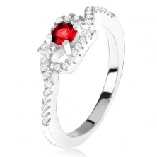 Stříbrný 925 prsten, červený kamínek, zatočená zirkonová ramena