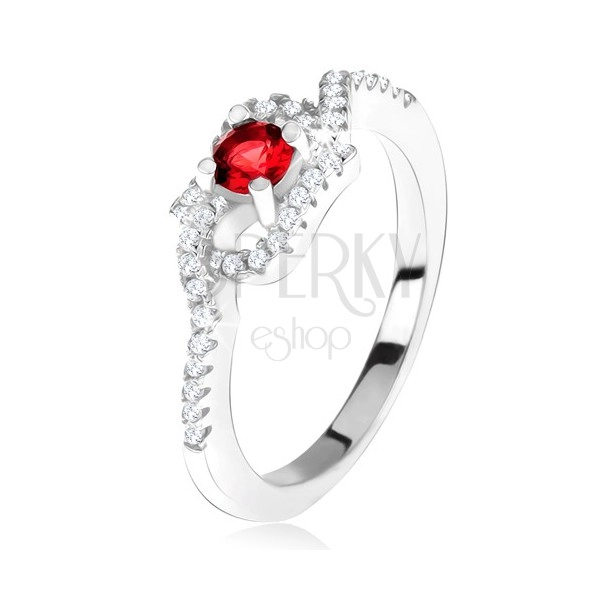Stříbrný 925 prsten, červený kamínek, zatočená zirkonová ramena