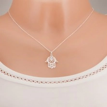 Stříbrný 925 náhrdelník - řetízek z oválných oček, ruka Fatimy, čirý zirkon