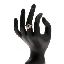 Lesklý prsten - barevné oválné zirkony, linie dvojitého S, čirý kamínek