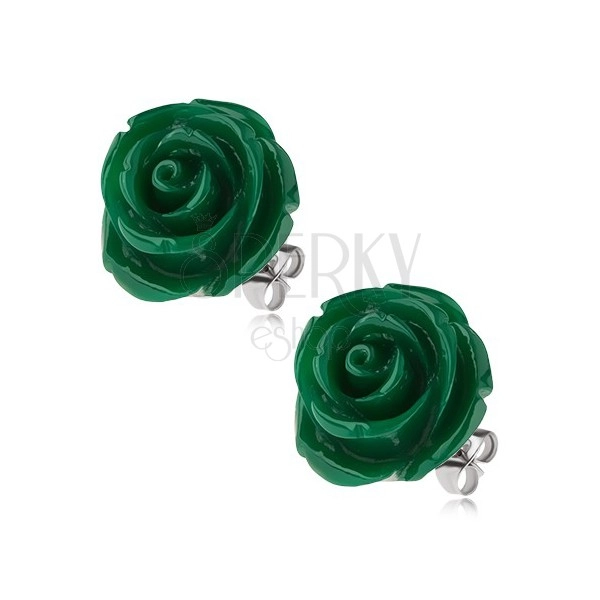 Puzetové ocelové náušnice, tmavě zelená růže z pryskyřice, 20 mm