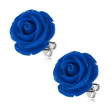 Ocelové náušnice, tmavě modrý květ růže, puzetové zapínání, 20 mm