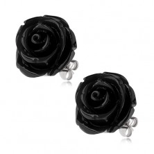 Ocelové náušnice, černý pryskyřicový květ růže, puzetové zapínání, 20 mm
