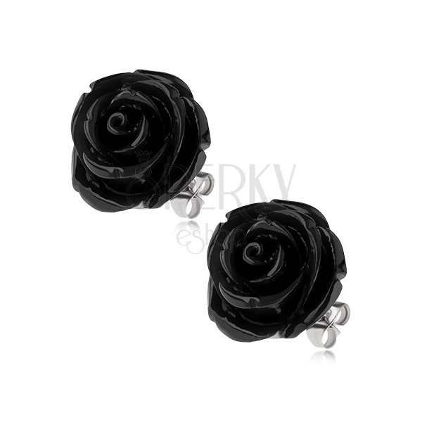 Ocelové náušnice, černý pryskyřicový květ růže, puzetové zapínání, 20 mm