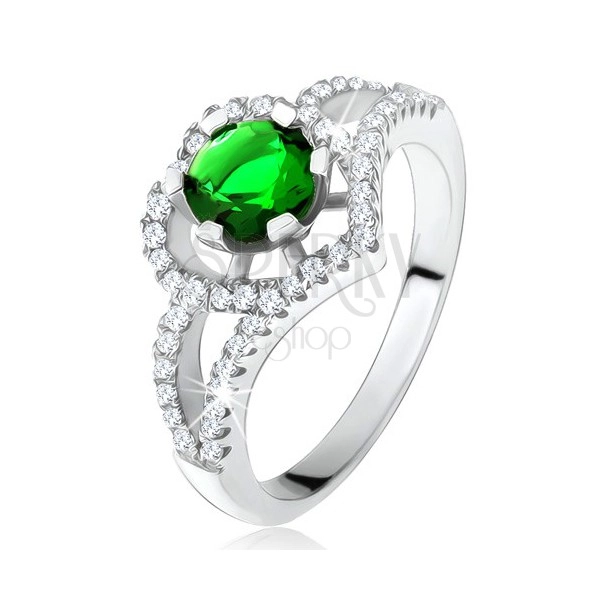 Prsten s rozdvojenými rameny, zelený zirkon, obrys srdce, stříbro 925