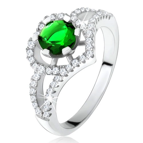 Prsten s rozdvojenými rameny, zelený zirkon, obrys srdce, stříbro 925 - Velikost: 57