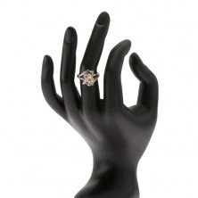 Prsten - barevné zirkonové ovály, rozvětvená ramena, čiré kamínky
