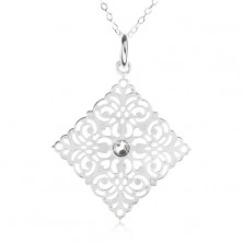 Stříbrný 925 náhrdelník - řetízek, ozdobně vyřezávaný čtverec, zirkon