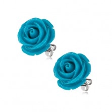 Puzetové náušnice z chirurgické oceli, modrá rozkvetlá růže, 14 mm